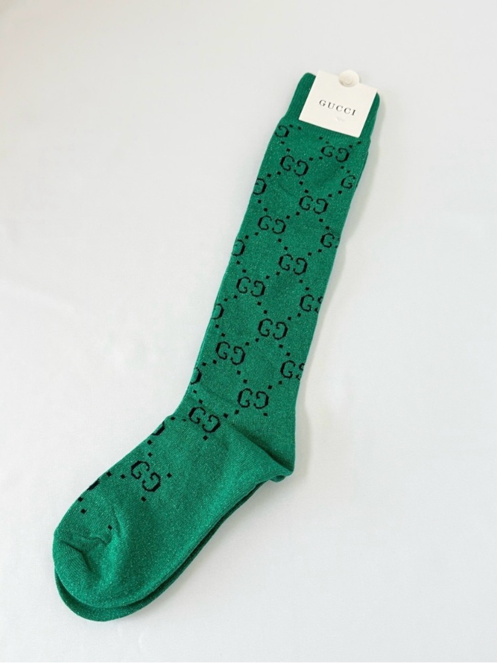 New With Tags Gucci. Lamé Logo Sparkle Socks Green and Black knee Hight